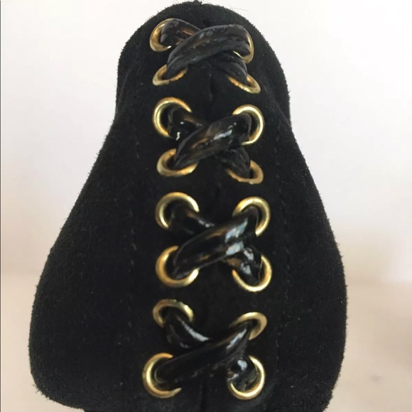 Wild Pair black suede gold mesh peep toe heels 7.5 - Picture 4 of 8